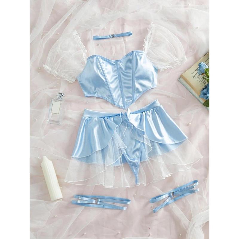 5pcs/Set Sexy Latex Women's Lingerie Role Playing Outfit, With Exposed Waist Design Womenswear Piece Strapless Shortie Bodysuit Fabric