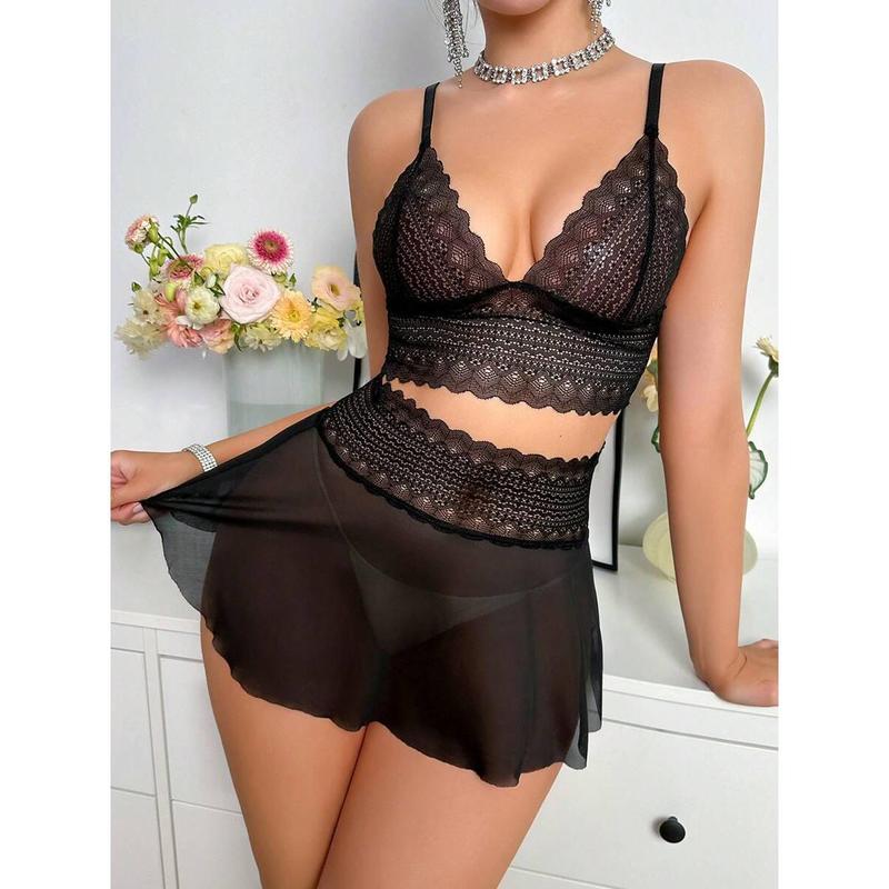 2pcs/Set Sexy Women's Lace & Mesh Wireless Lingerie Dress Fabric Polyester Womenswear Bra