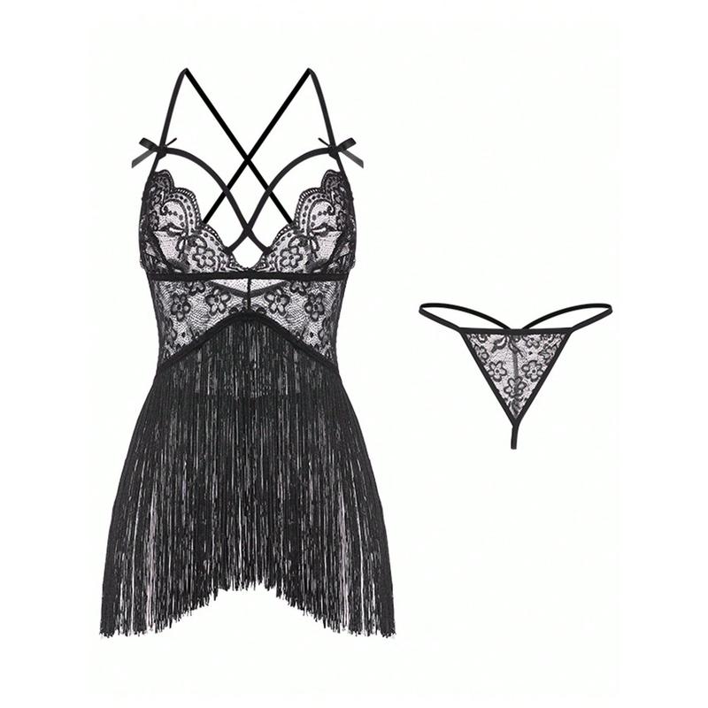 Black Sexy Contrast Lace Lingerie Set with Deep V Tassel Slip Dress and Thong for Women - Comfort Fabric, 1 Set