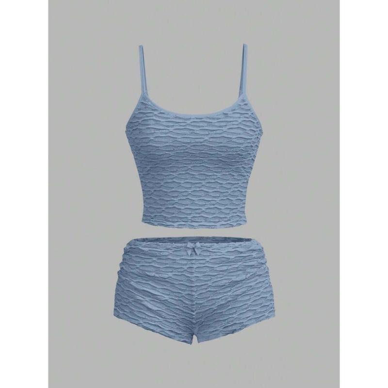 Summer Sexy Solid Color Textured Camisole And Mini Shorts Set Island Vacation Outfits Fabric Pants Clothes Womenswear