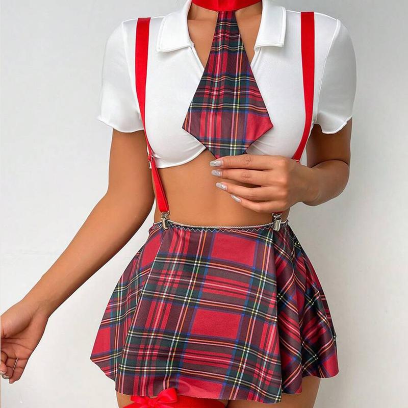 Ugreat Women's Sexy School Girl Costume Set - Adjustable Crop Top Skirt & Thong with Bow Decor for Cosplay