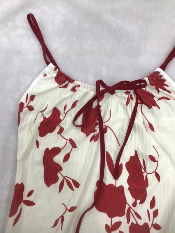 Women's All Over Floral Print Silky Lettuce Trim Cami Nightdress, Casual Soft Comfortable Spaghetti Strap Tie Front Nightgown for All Seasons, Fashion Ladies' Sleepwear for Daily Wear