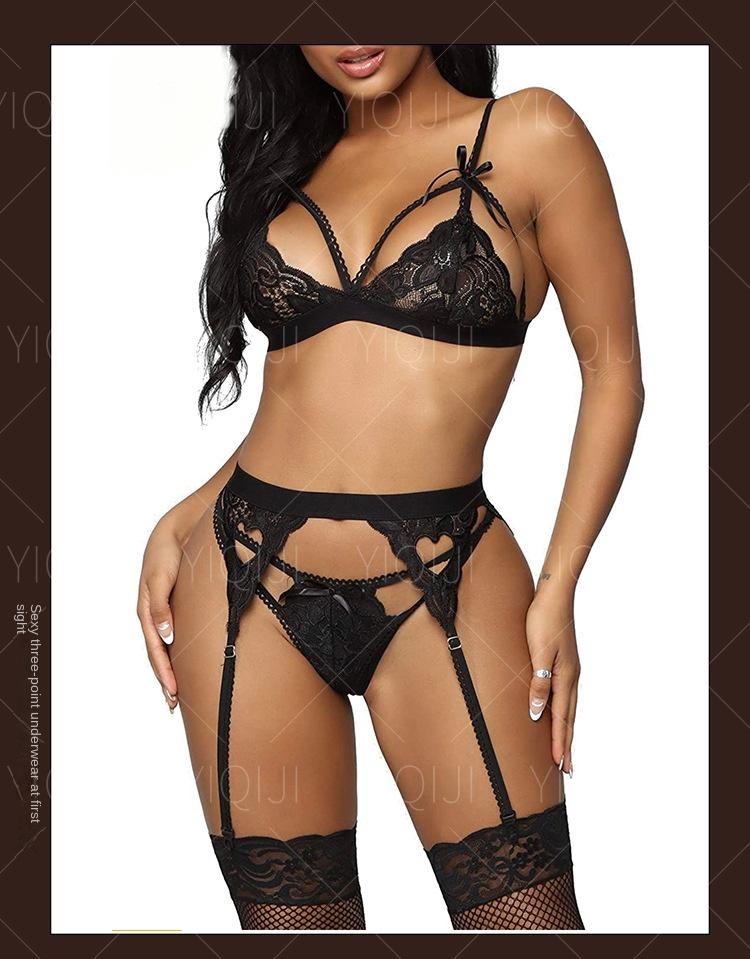 Sexy deep V buttocks exposed peach heart stockings three-piece sexy lingerie Sheer Panty Set Bodystocking