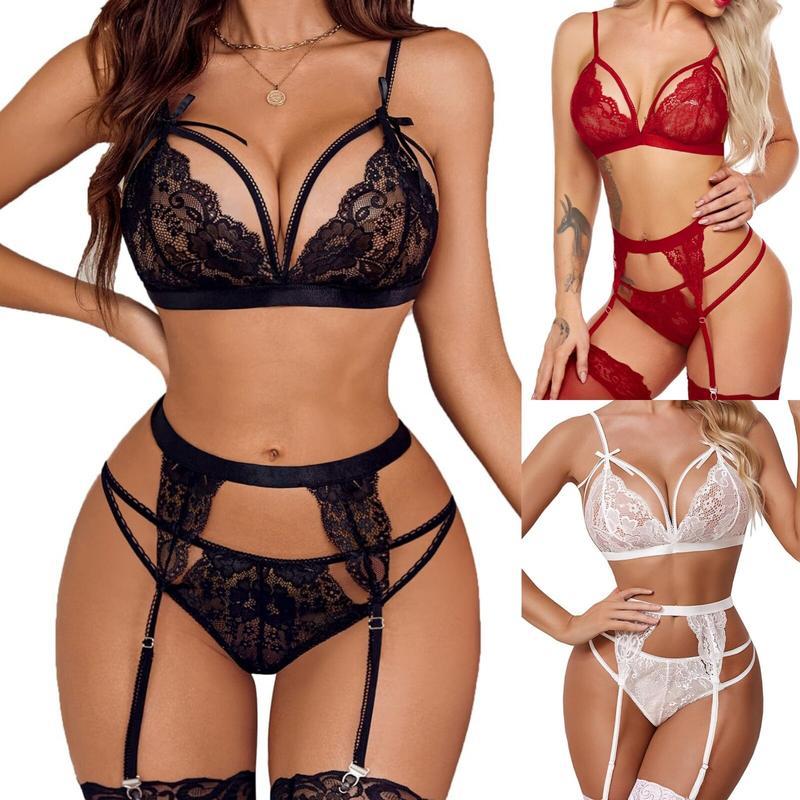 Women's Sexy Lingerie Lace Babydoll Bra and Thong Set Sleepwear Underwear with Garter Belts Nightwear