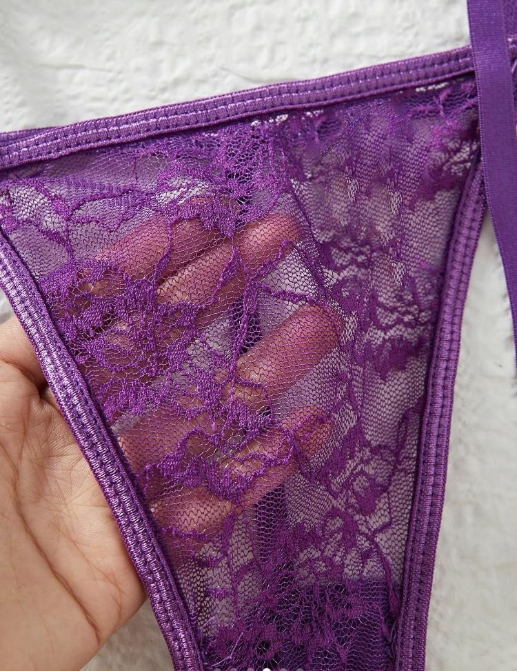 Women's Adjustable Strap Backless Lace Lingerie Set, Tie Front Cami Top & Sheer Thong $ Ruffle Stocking Set, Lingerie for Women, Underwear for Women, Back To School Wear, Women's Lingerie & Underwear for Summer, Underwear Sets for Women