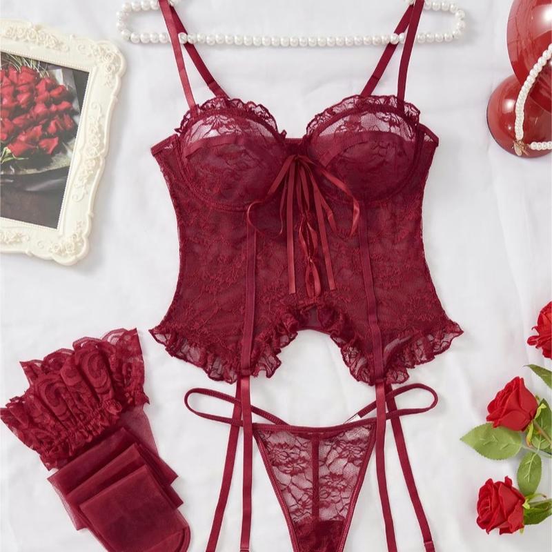 Women's Adjustable Strap Backless Lace Lingerie Set, Tie Front Cami Top & Sheer Thong $ Ruffle Stocking Set, Lingerie for Women, Underwear for Women, Back To School Wear, Women's Lingerie & Underwear for Summer, Underwear Sets for Women