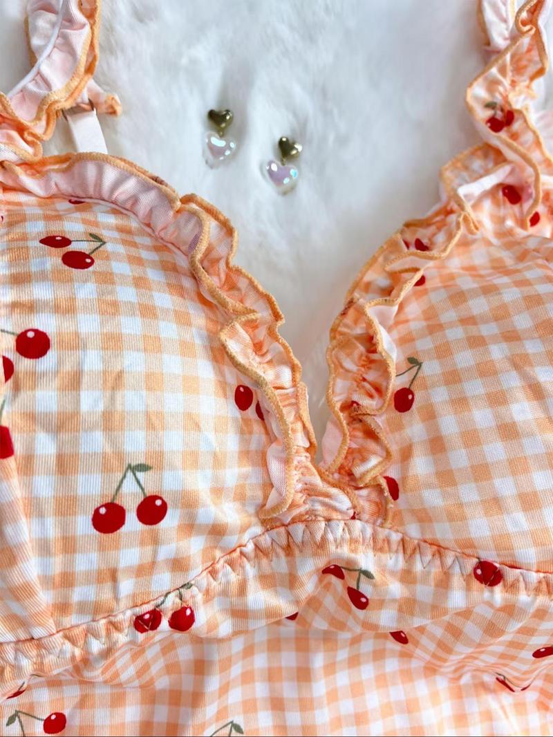 Women's Gingham & Cherry Print Frill Trim Ruched Ruffle Hem Cami Nightdress, Casual Soft Comfortable V Neck Backless Nightgown for Summer, Fashion Ladies' Sleepwear for Daily Wear