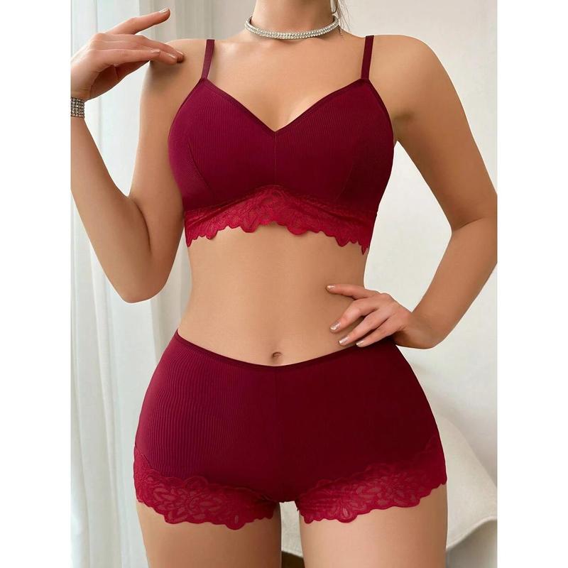 Contrast Lace Bra & Panty Set Lingerie Set Piece Casual Womenswear Spaghetti Strap Bluepanty Minimalist Basic