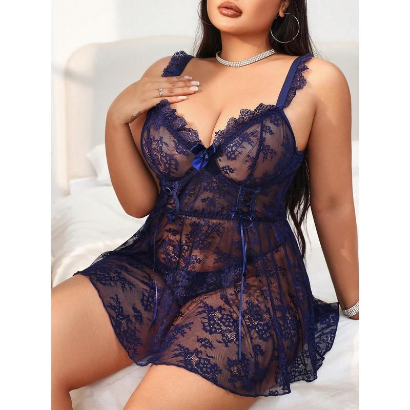 Plus Size Blue 2-Piece Sexy Lace Lingerie Set with Underwire and Thong for Nightwear
