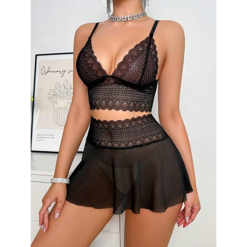 2pcs Women's Wireless Lace Spliced Mesh Sexy Lingerie Set Fabric Polyester bikini boutique go nnaw ear it now Womenswear Bra Panty Piece