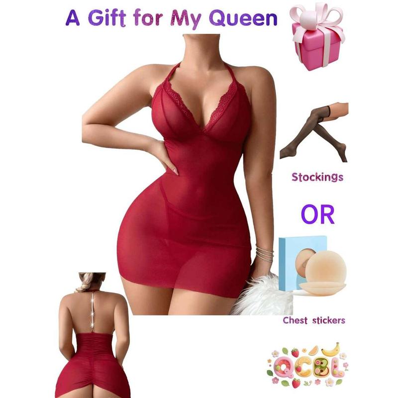 Women's 2-Piece Lingerie Set - Cami Sleep Dress With Thong - Backless Pearl String Mesh Babydoll Dress & Lace Chemise - Gift Included Bra Fabric