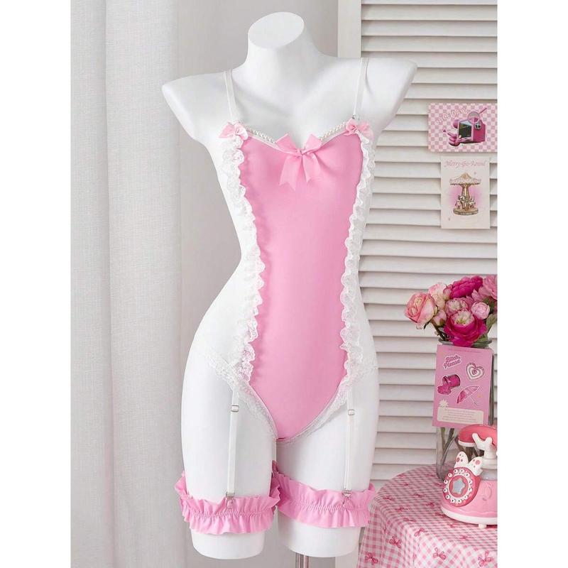 Pink And White Lace Teddy Lingerie For Women Featuring Spaghetti Straps And Contrast Mesh Panels Perfect For A Look