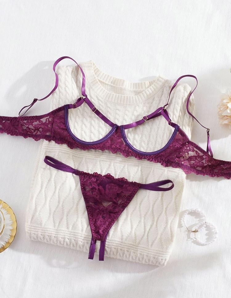 Ugreat Women's Floral Lace Sexy Lingerie Set, Sexy Cut Out Underwire Bra & Open Crotch Design Thong Two-Piece Set, Lingerie Set for Women, 2000s Wear Pink Straps