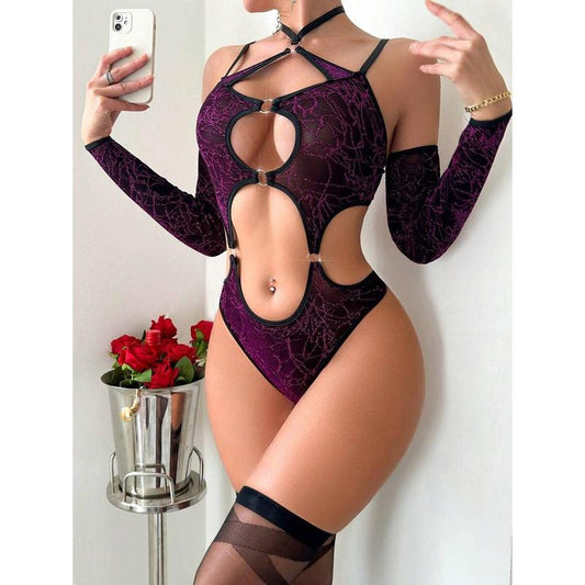 Women's Off-Shoulder Long Sleeve Hollow-Out Sexy Bodysuit, Festival Tops Piece Womenswear Fabric Basic Minimalist Tummy Control Clothing Purple