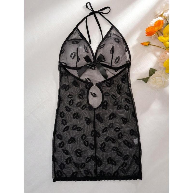 SuitURBody Sexy Lip Pattern Mesh Sheer Short Bodycon Nightgown , See Through Dress Loungewear Nightwear Womenswear Homewear Adjustable Nightie Sleeveless Black