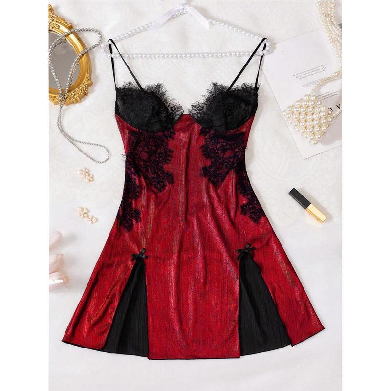 Gold Foil Lace Patchwork Slit Sexy Camisole Nightgown For Rave Fabric Loungewear