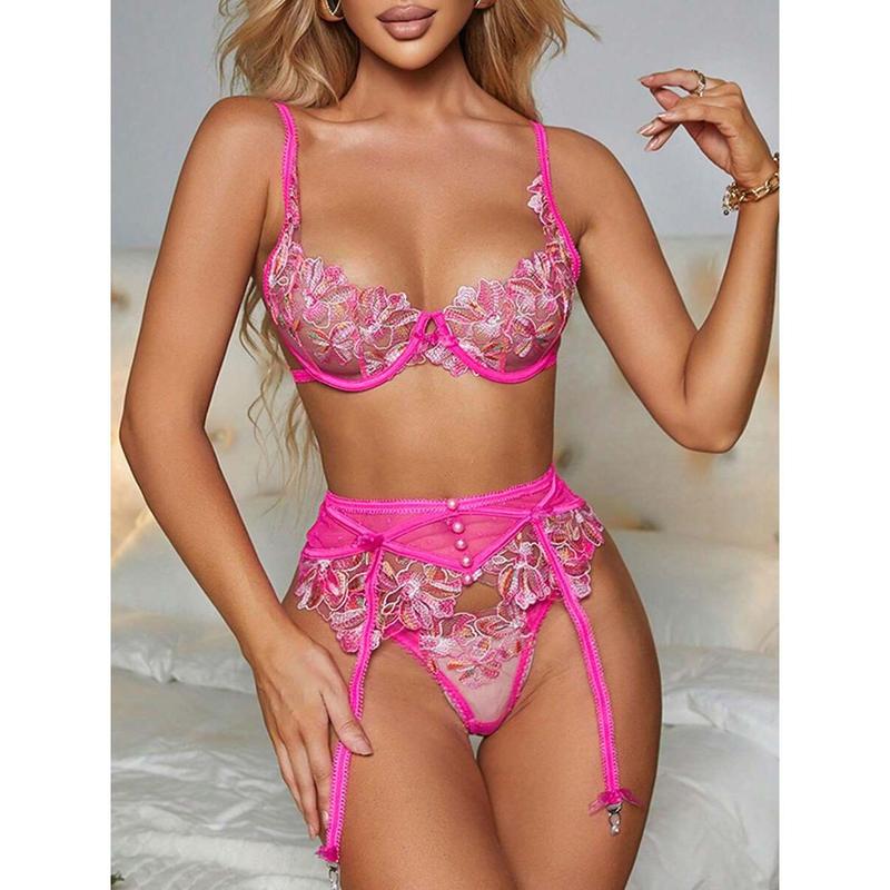 Women's Sexy Lingerie Mesh See-Through Camisole Shape 3 Pcs Set Polyester Womenswear Red