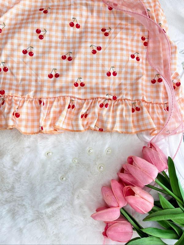 Women's Gingham & Cherry Print Frill Trim Ruched Ruffle Hem Cami Nightdress, Casual Soft Comfortable V Neck Backless Nightgown for Summer, Fashion Ladies' Sleepwear for Daily Wear