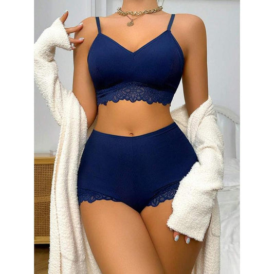 Contrast Lace Bra & Panty Set Lingerie Set Piece Casual Womenswear Spaghetti Strap Bluepanty Minimalist Basic