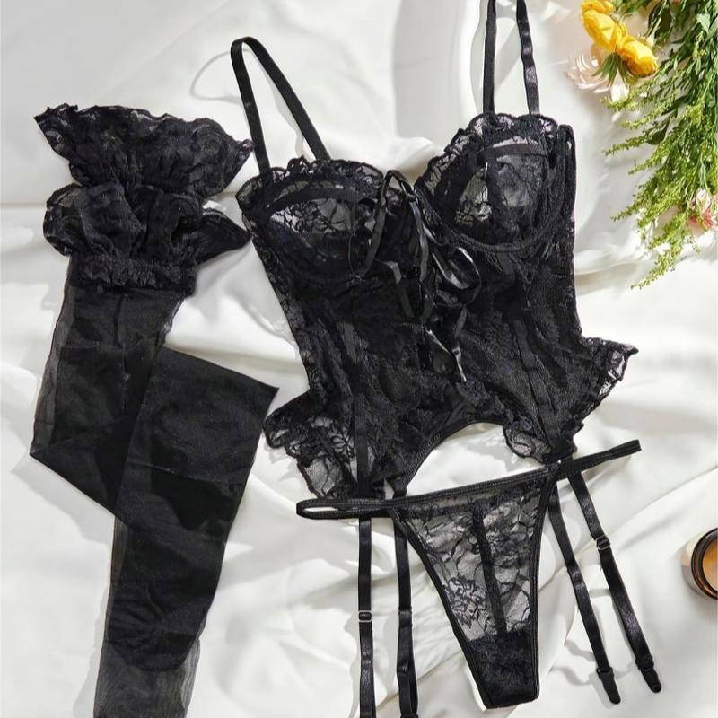 Women's Adjustable Strap Backless Lace Lingerie Set, Tie Front Cami Top & Sheer Thong $ Ruffle Stocking Set, Lingerie for Women, Underwear for Women, Back To School Wear, Women's Lingerie & Underwear for Summer, Underwear Sets for Women