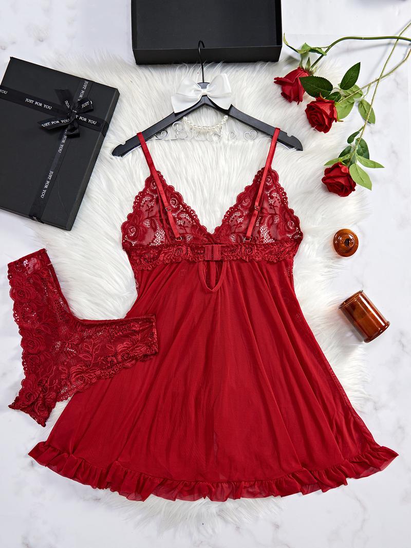 Love Q Red Lace Sexy Pajamas Women's Mesh Suspender Clothes Set Loungewear Nightwear Homewear Large Size Sleeveless Basic Minimalist European Style