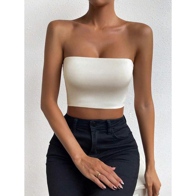 SolidTube Crop Top Fashion Fit Sleeve Womenswear Fabric Polyester Sheer Basic Minimalist
