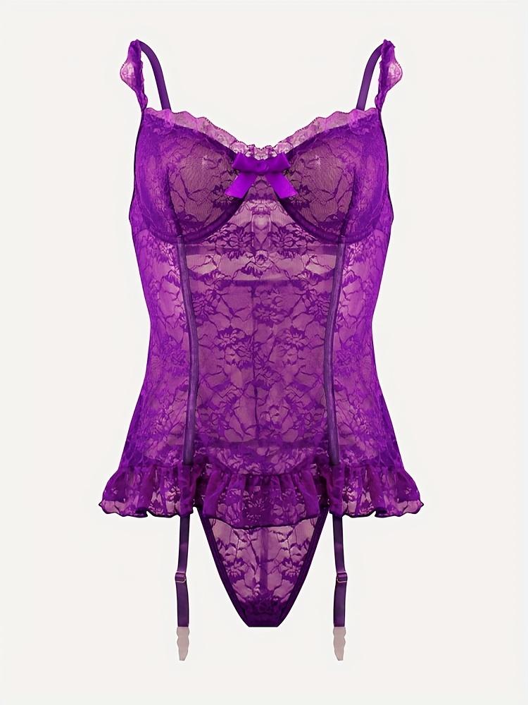 High-end lace underwear set for women: sexy pajamas, nightgown, hollowed-out + sexy thong + stockings = 3-piece set (with underwire) Lingerie Womenswear Elegance Elegant