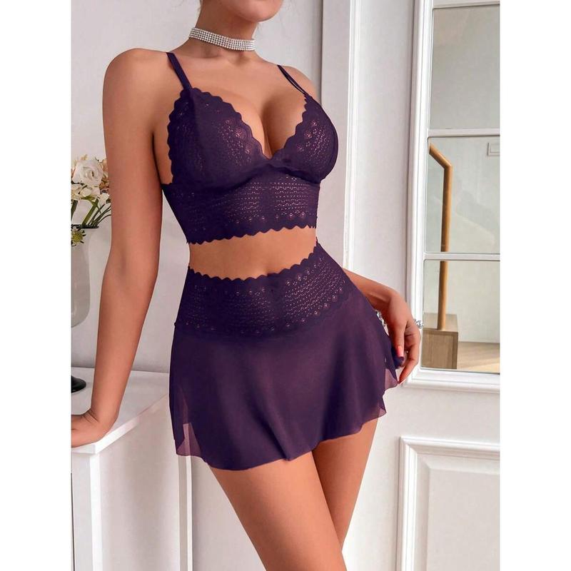 2pcs/Set Sexy Women's Lace & Mesh Wireless Lingerie Dress Fabric Polyester Womenswear Bra