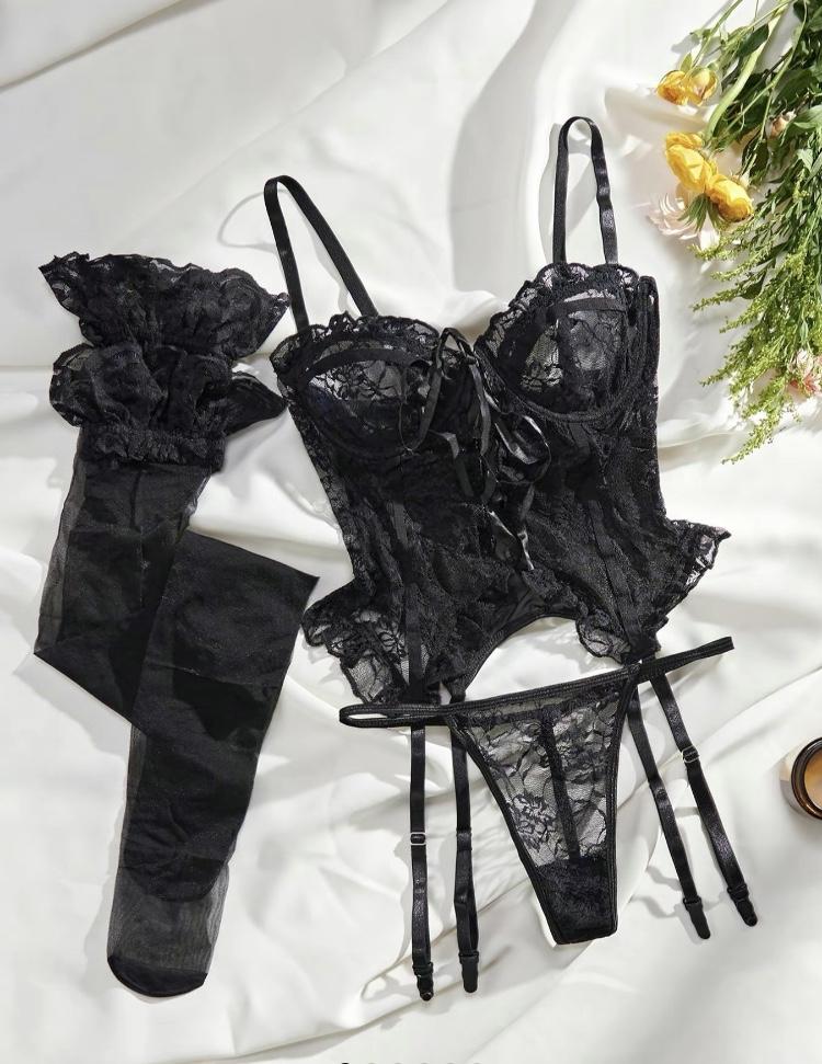 Women's Adjustable Strap Backless Lace Lingerie Set, Tie Front Cami Top & Sheer Thong $ Ruffle Stocking Set, Lingerie for Women, Underwear for Women, Back To School Wear, Women's Lingerie & Underwear for Summer, Underwear Sets for Women