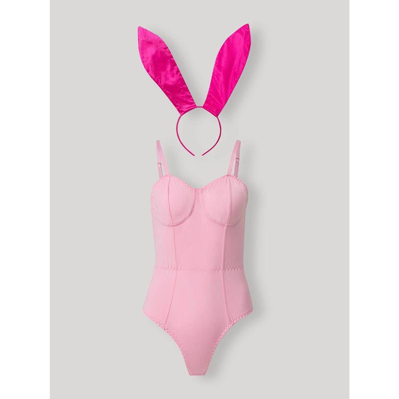 Sexy Bunny Lingerie Set For Women, Includes Solid Color Bodystocking With Bunny Tail & Hair Clip Costume Headband Womenswear Clothes Piece Nightwear