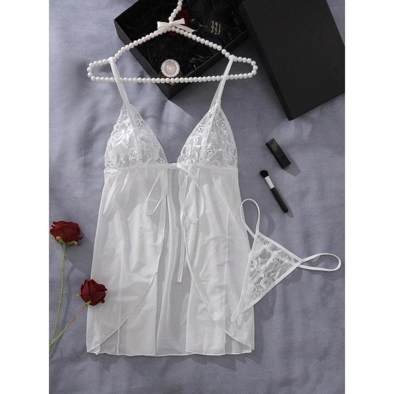 Classic Sexy Floral Lace Tie Front Thong Babydoll Lingerie Dress Bra Fabric Strap Womenswear