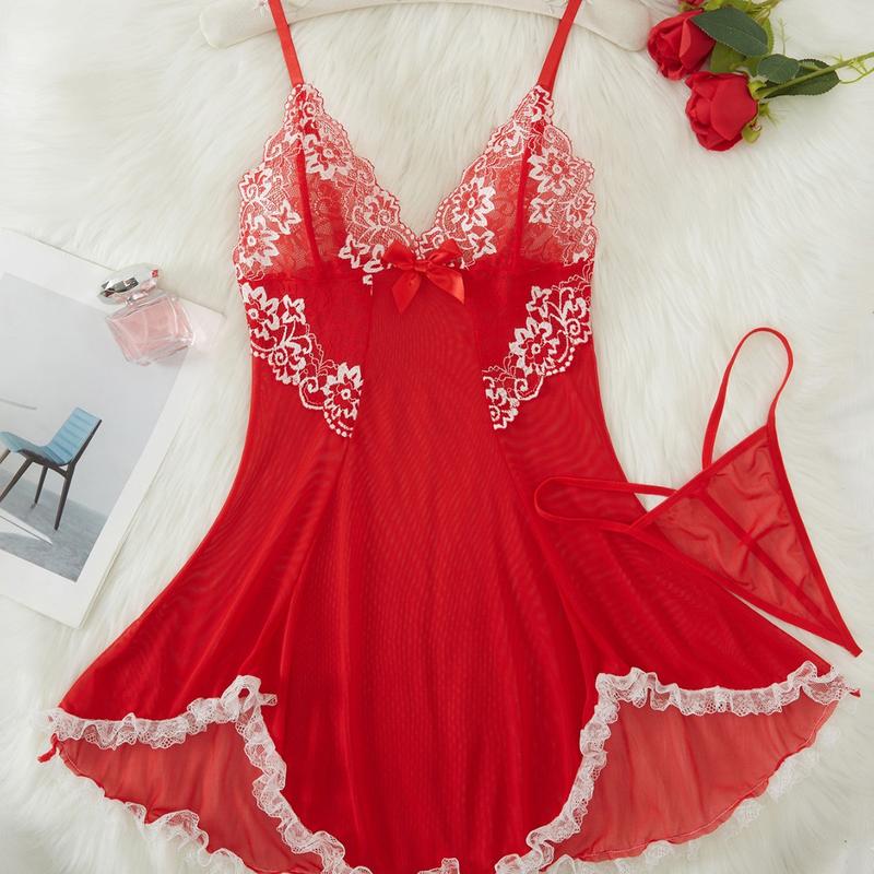 Ugreat Women's Contrast Lace Bow Decor Cami Nightdress with Thong, Comfort Night Gown for Women, Spaghetti Strap Backless, Elegant & Silky Design Green Glam Womenswear Loungewear Fitted Sleeveless Nightwear  night gown women Homewear Minimalist