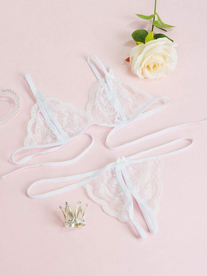 3 Pieceslingerie Set Solid Color V-Neck Lace Floral Fashion Design Lingerie Set, Bra And Open Lingerie, Couple Date, Halloween, Christmas, Valentine's Day, Girlfriend Gift, Free Temptation Set White Black Womenswear Red Fabric Casual Basic Minimalist