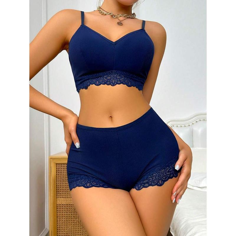 Contrast Lace Bra & Panty Set Lingerie Set Piece Casual Womenswear Spaghetti Strap Bluepanty Minimalist Basic