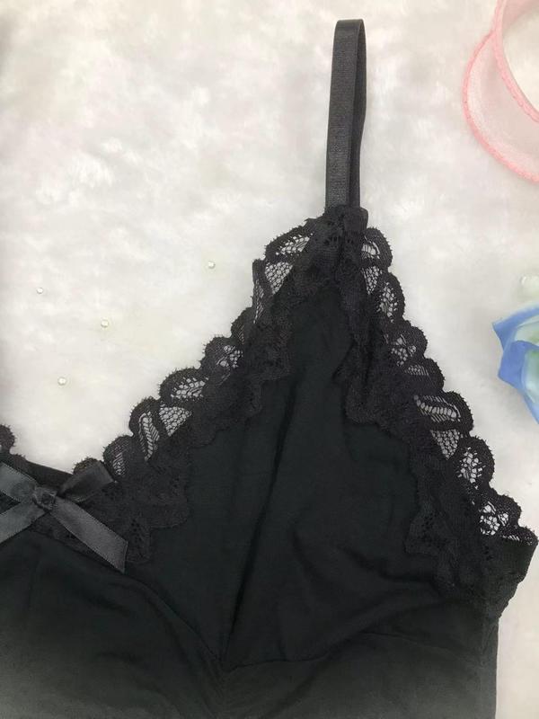 Women's Contrast Lace Bow Front Ruched Cami Nightdress, Soft Comfortable Spaghetti Strap Backless Nightgown for All Seasons, Fashion Ladies' Sleepwear for Daily Wear