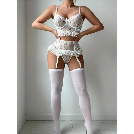 5 Piece Lingerie Set Lace Floral Ruffle Garter Underwire Teddy Lingerie Set with Stocking