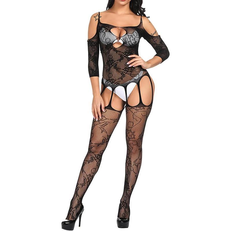 Women Lingerie Fishnet Bodysuit Sparkle Rhinestone  Mesh Teddy Lingerie One Size Womenswear Basic Fabric Formal