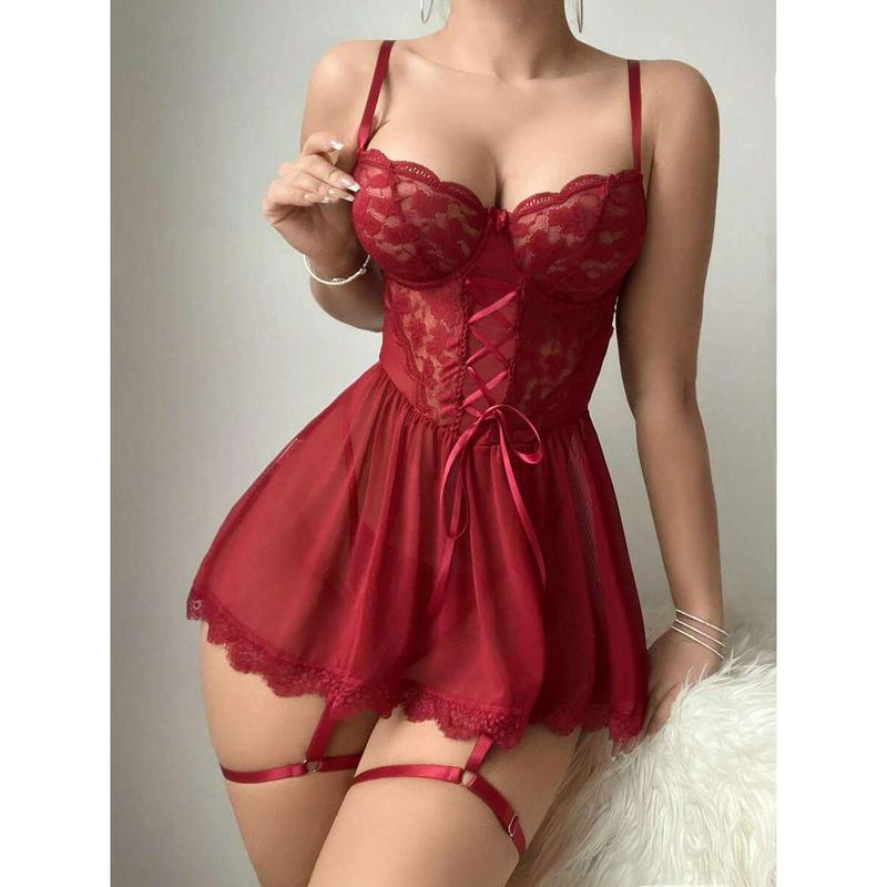 3pcs Contrast Lace Mesh Underwire Garter Lingerie Dress bikini boutique go nnaw ear it now Fabric Polyester Womenswear Bra Loungewear Pants