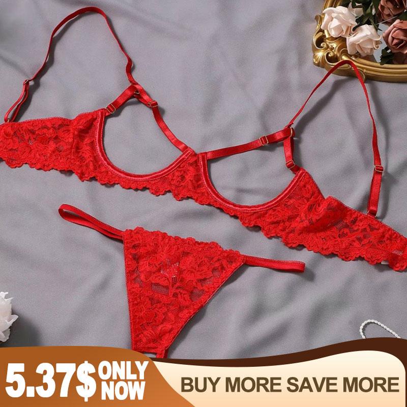 Ugreat Women's Floral Lace Sexy Lingerie Set, Sexy Cut Out Underwire Bra & Open Crotch Design Thong Two-Piece Set, Lingerie Set for Women, 2000s Wear Pink Straps