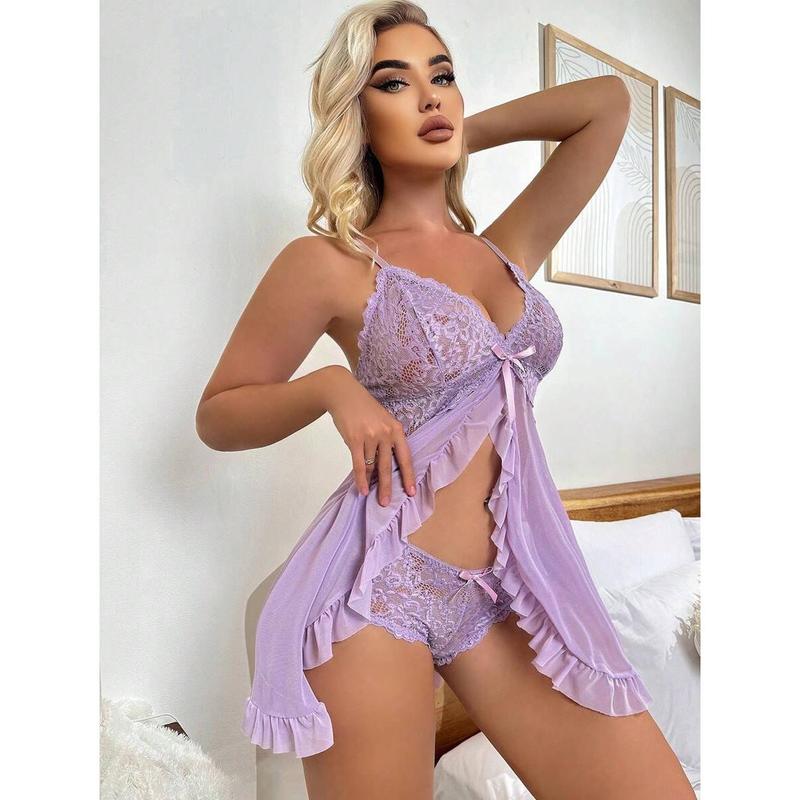 Contrast Lace Ruffle Trim Mesh Babydoll Sexy Lingerie Dress With Thong Fabric Polyester bikini boutique go nnaw ear it now Womenswear Bra