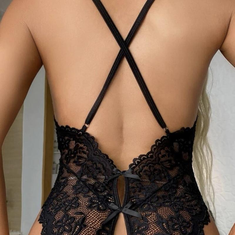 Ugreat Women's Criss Cross Backless Sheer Lace Bodysuit, Adjustable Strap Bow Decor Lingerie, Ladies Sexy Lingerie for All Seasons Fit Black Floral Comfort Womenswear Stretchy Basic Minimalist halter v neck