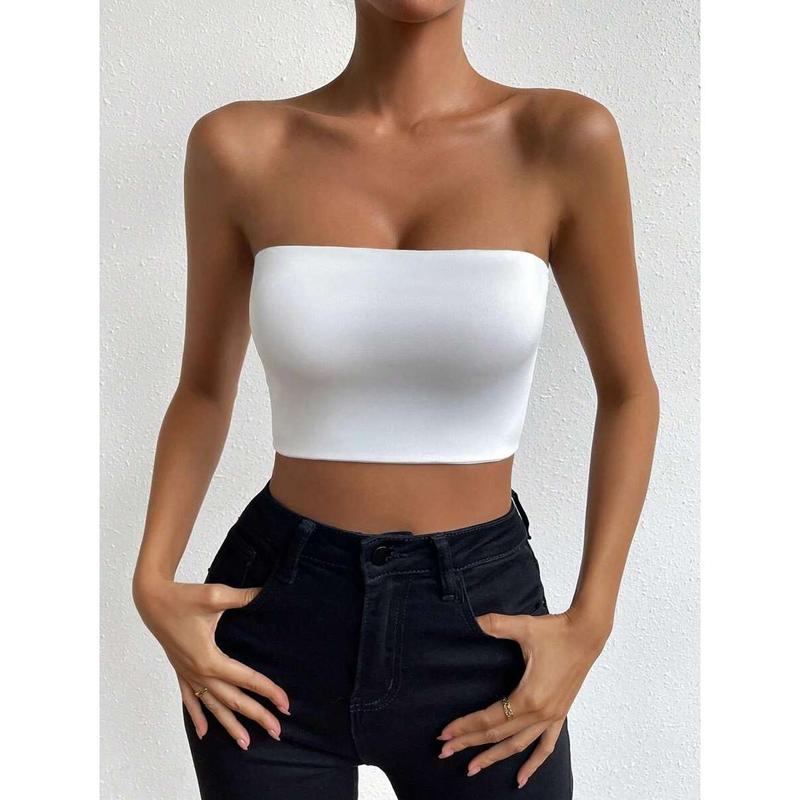 SolidTube Crop Top Fashion Fit Sleeve Womenswear Fabric Polyester Sheer Basic Minimalist