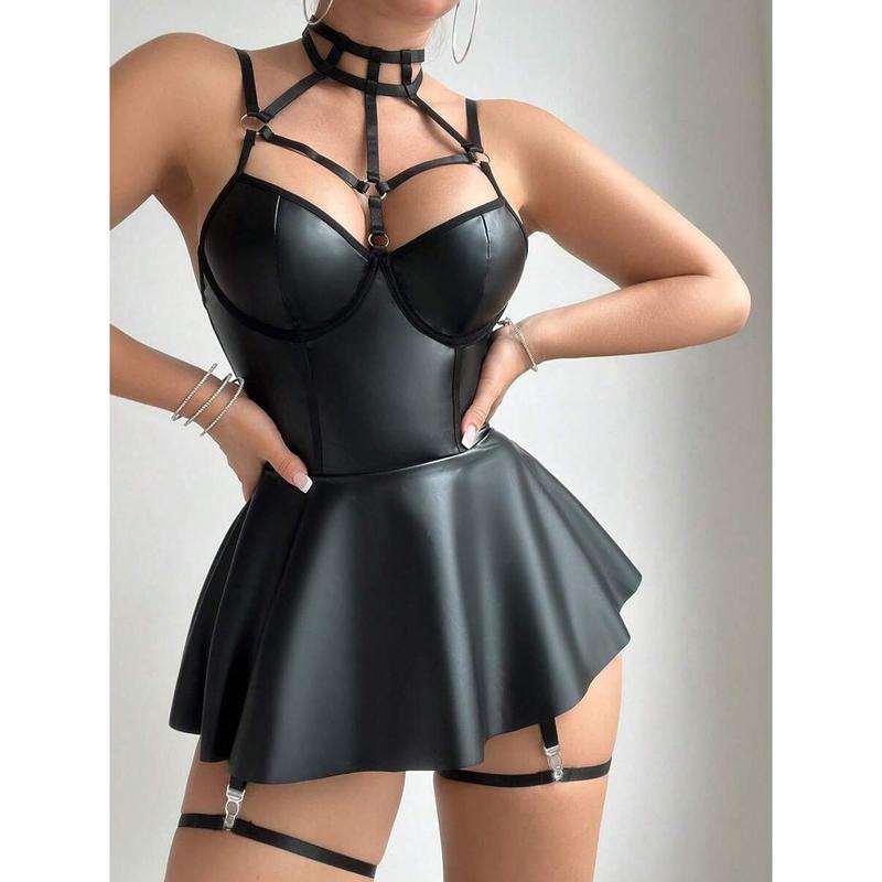 4pcs Women's Punk Style Choker With Spaghetti Strap Garter Belt & Leg Ring And Sexy Ruffle Dress Set Lingerie Fabric Polyester bikini boutique go nnaw ear it now Womenswear Bra Panty Piece Sleeve Black