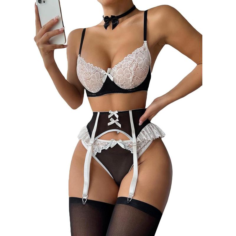 Women's 6 Piece Set Floral Lace Bow Front Colorblock Underwire Garter Lingerie Set with Stocking dealsforyoudays