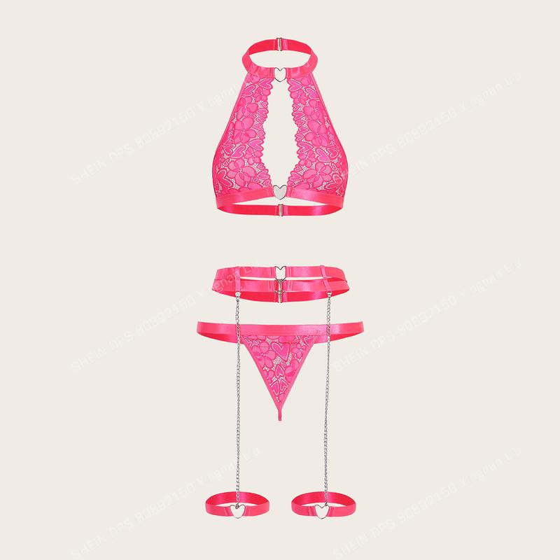 Lingerie Sets 5 Piece Lace Ring Linked Halter Bra and Panty Garter Belts Set