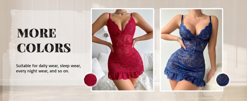 Women's 2 Piece Floral Lace Lingerie Set Night Dress Sleewear,Ruffle Hem Sheer Babydoll Chemise Nightgown,Comfort Springtok Sleeveless Loungewear