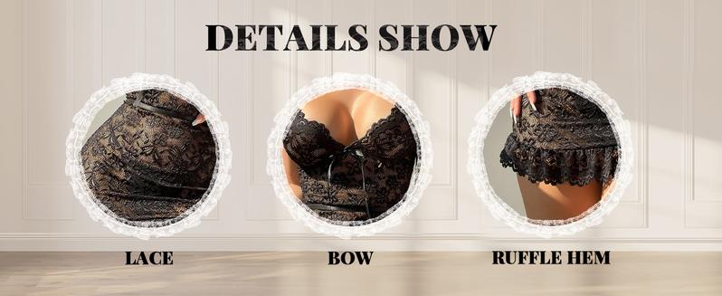 Women's 2 Piece Floral Lace Lingerie Set Night Dress Sleewear,Ruffle Hem Sheer Babydoll Chemise Nightgown,Comfort Springtok Sleeveless Loungewear