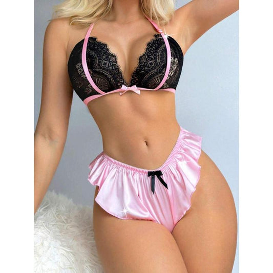 New Sexy Lingerie Eyelashes Fan-Shaped Lace Contrasting Halter Neck Hollow Bra Satin Bow Underwear Women's Sexy Underwear Set Casual Womenswear Pink