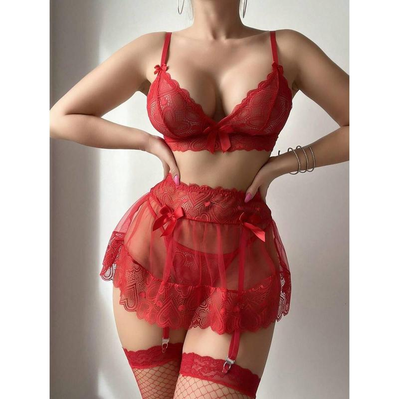 5pcs/Set Women Lace Contrast Mesh Sexy Lingerie Set (Wireless Bra, T-Back Panty, Half Slip, 2 Pairs Mesh Stockings) Bridallingerie