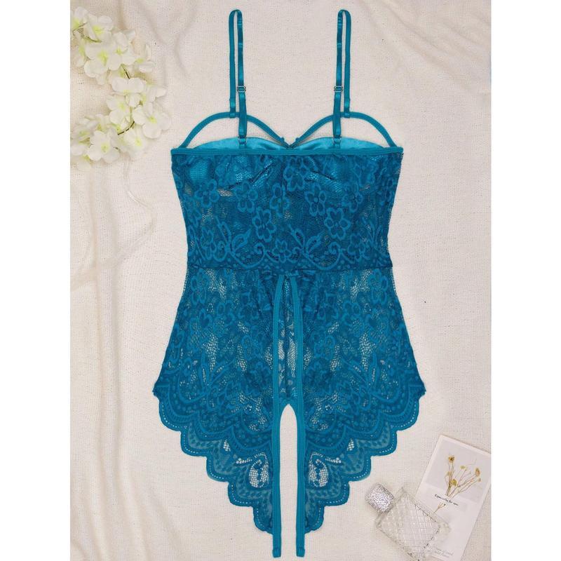 Women's Green Lace Sheer Open Crotch Bodysuit Lingerie for Sexy Wear Polyester Basic